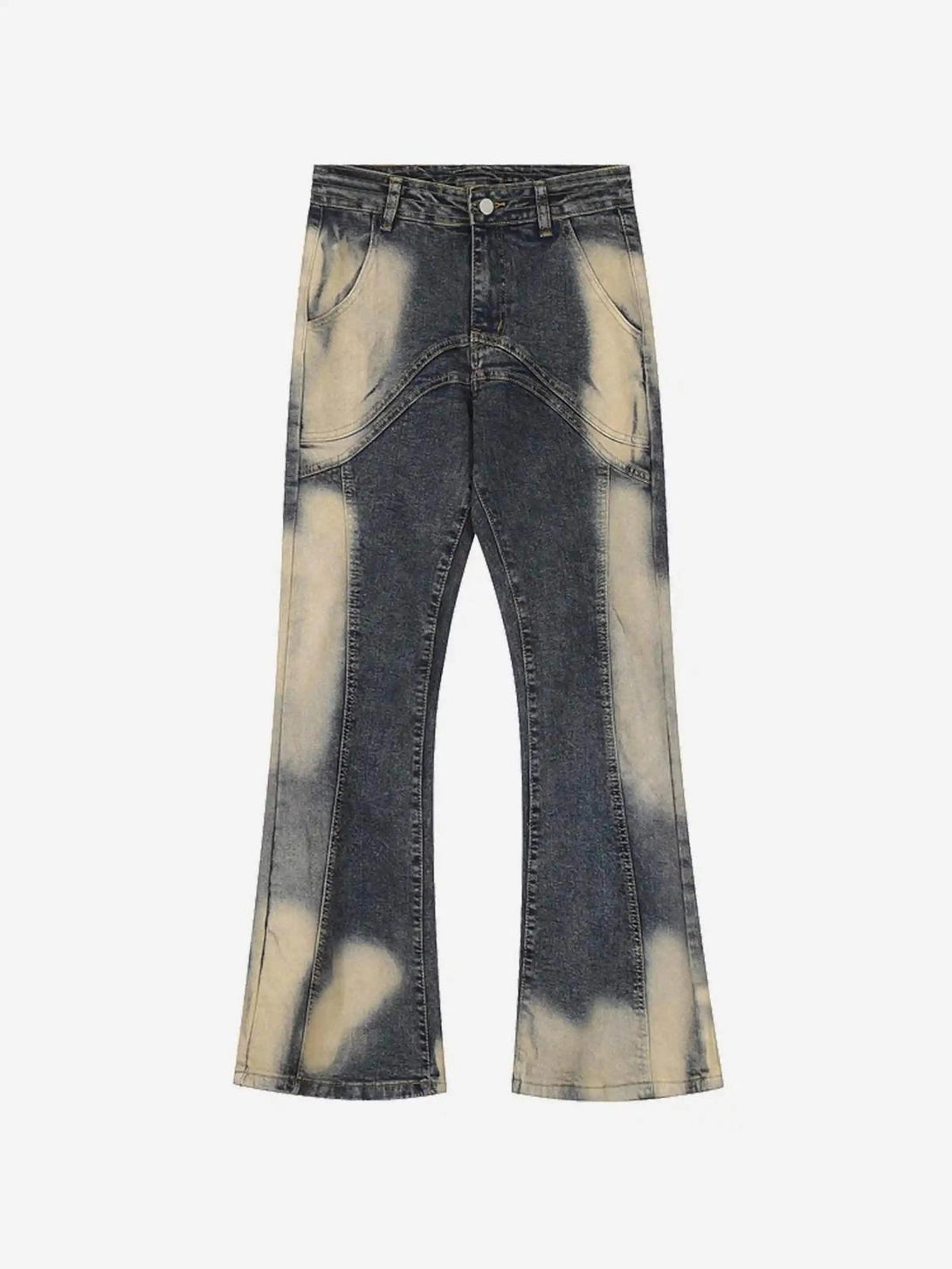 Front view of TALISHKO vintage blue flared jeans, featuring a unique bleached effect.