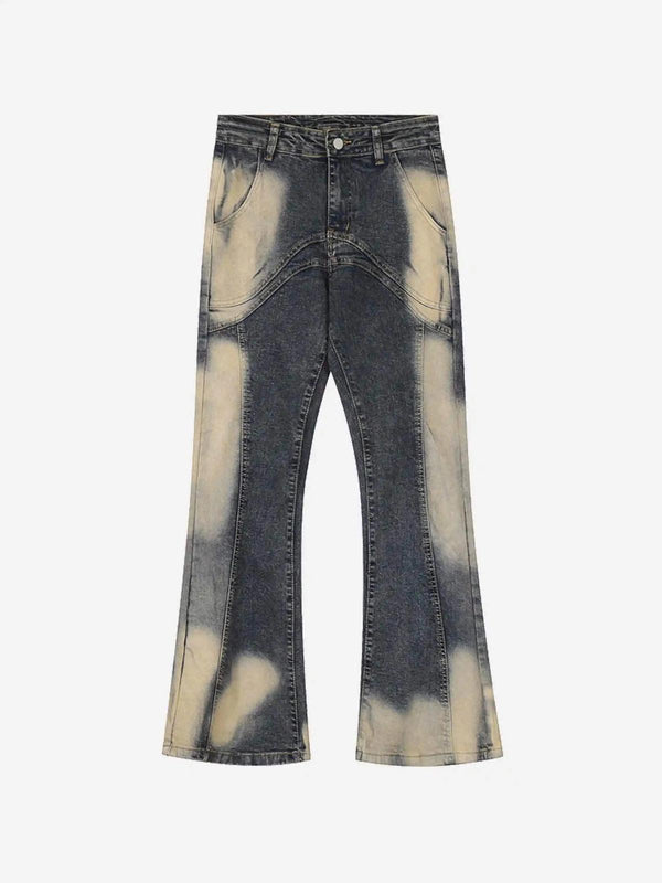 Front view of TALISHKO vintage blue flared jeans, featuring a unique bleached effect.
