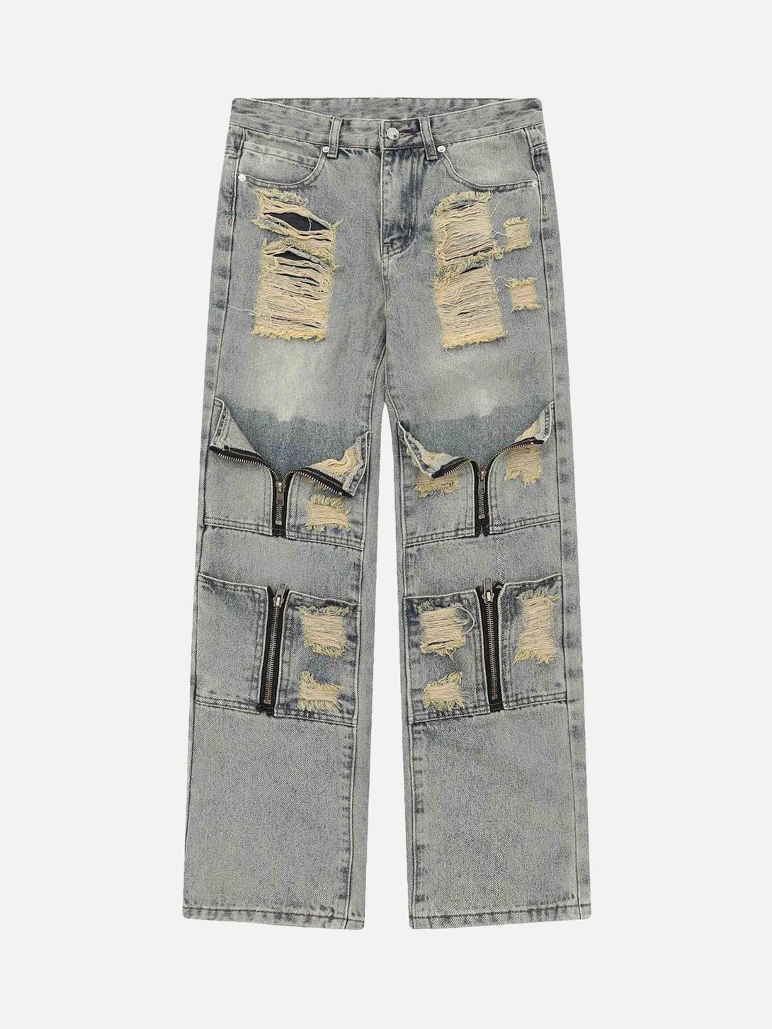 Front view of blue denim pants by TALISHKO, featuring a distressed look with zipper details.
