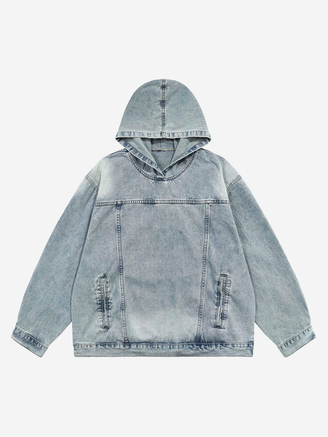 Front view of a blue denim hoodie by TALISHKO, featuring a washed and worn look.