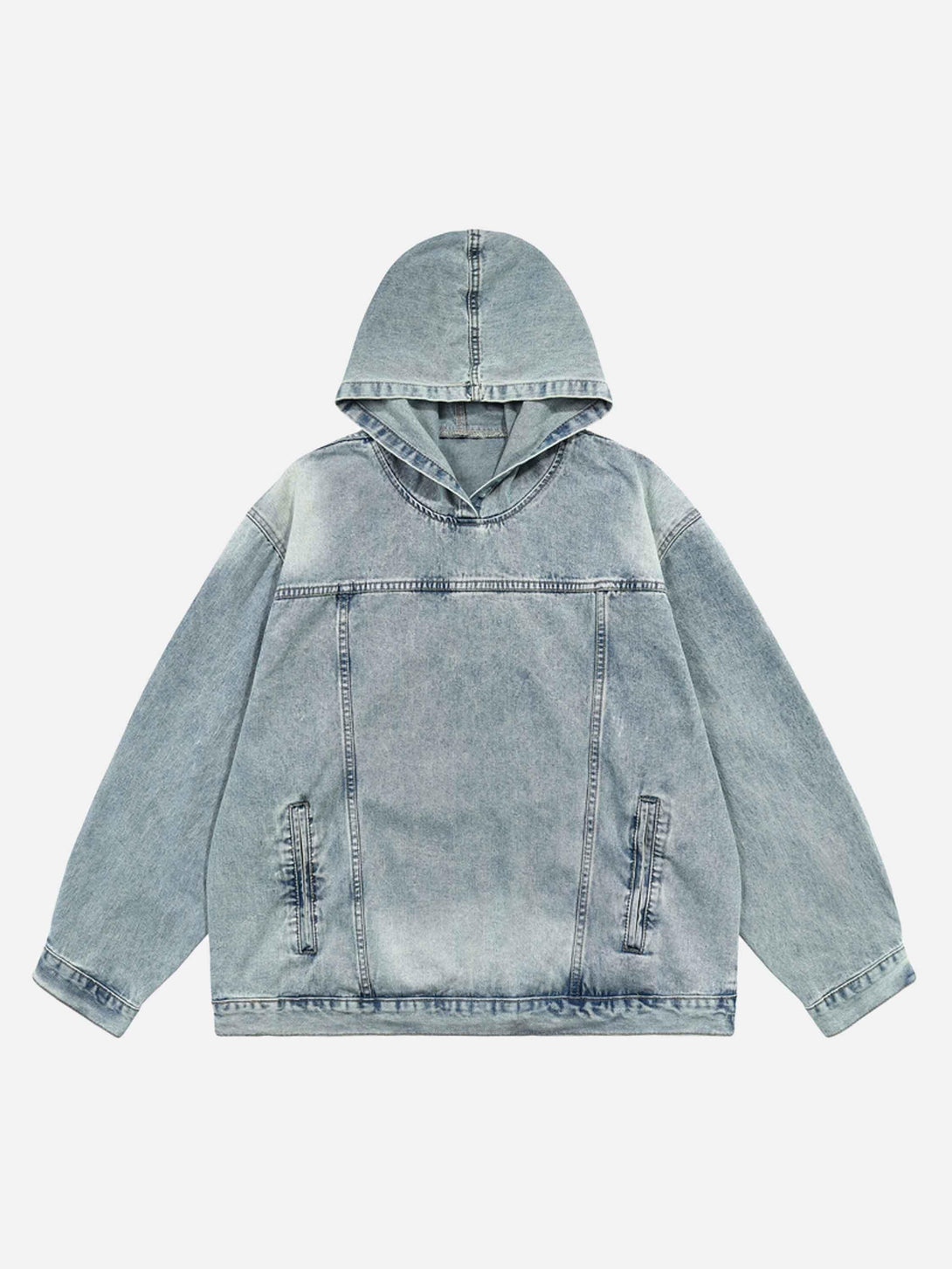 Front view of a blue washed denim hoodie by TALISHKO, ideal for casual street style.