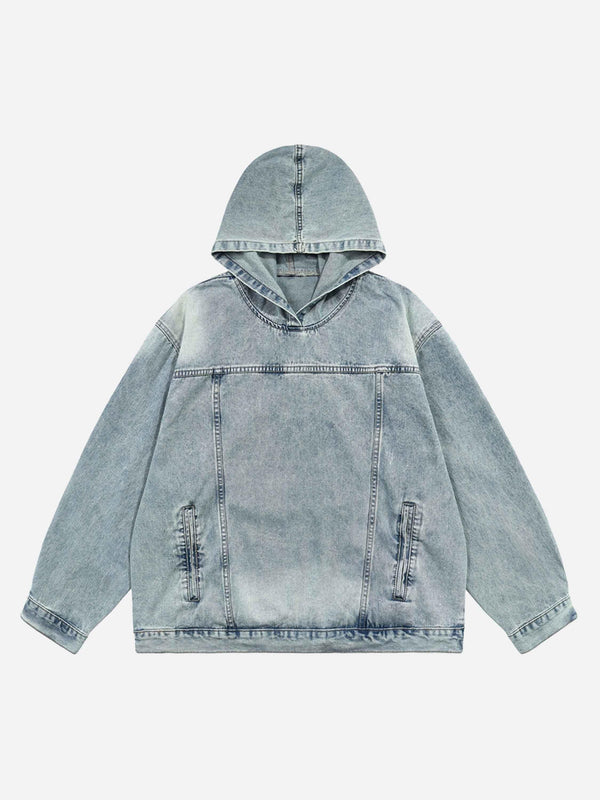 Front view of a blue washed denim hoodie by TALISHKO, ideal for casual street style.