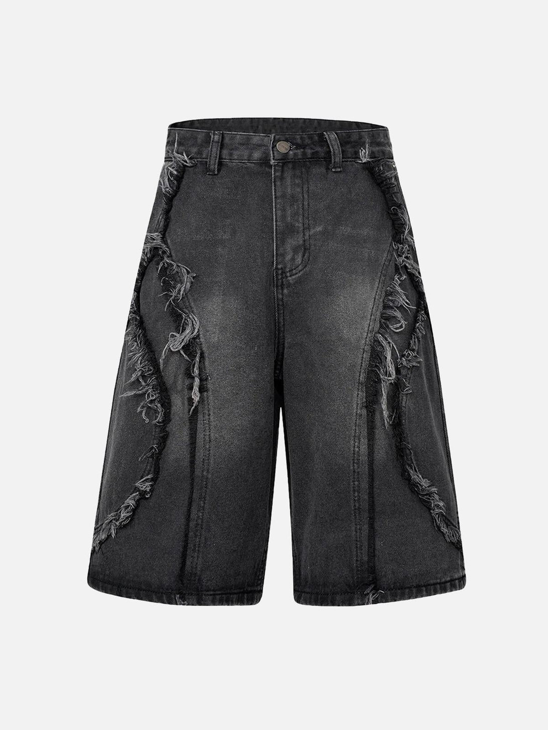 Front view of black distressed denim shorts by TALISHKO, featuring a bold, edgy style.