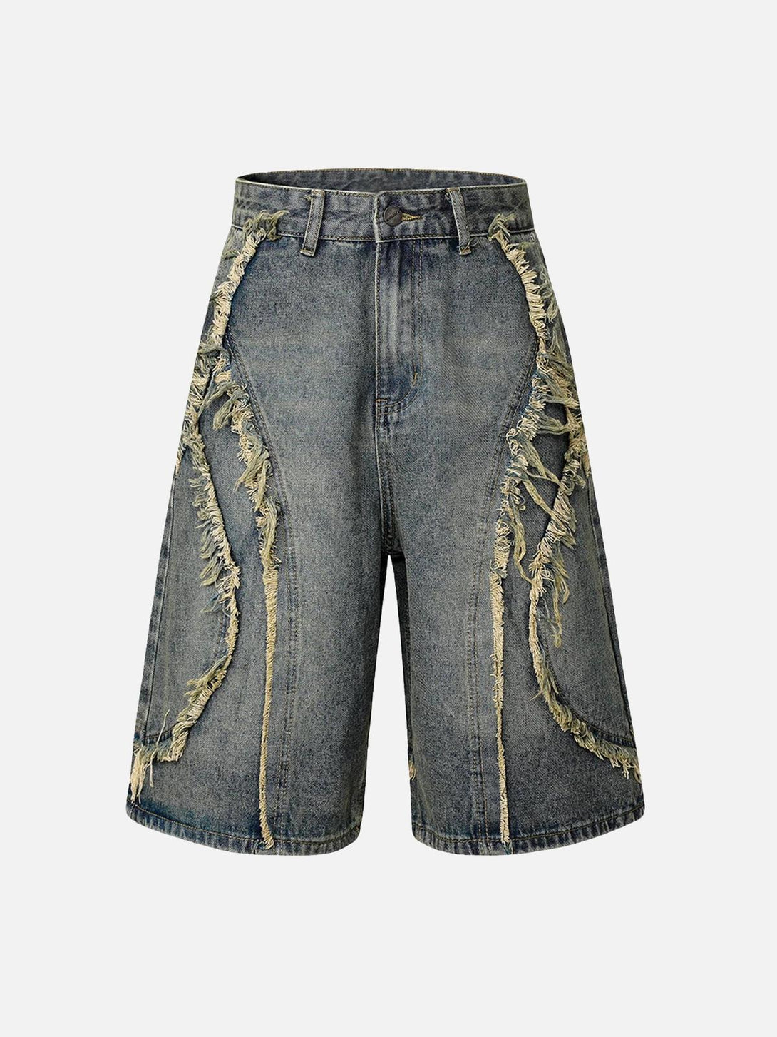 Front view of dark blue distressed denim shorts by TALISHKO, highlighting a stylish, rugged design.