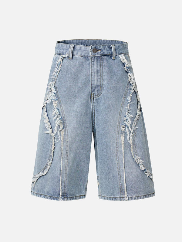 Front view of light blue distressed denim shorts by TALISHKO, showcasing a trendy high street look.