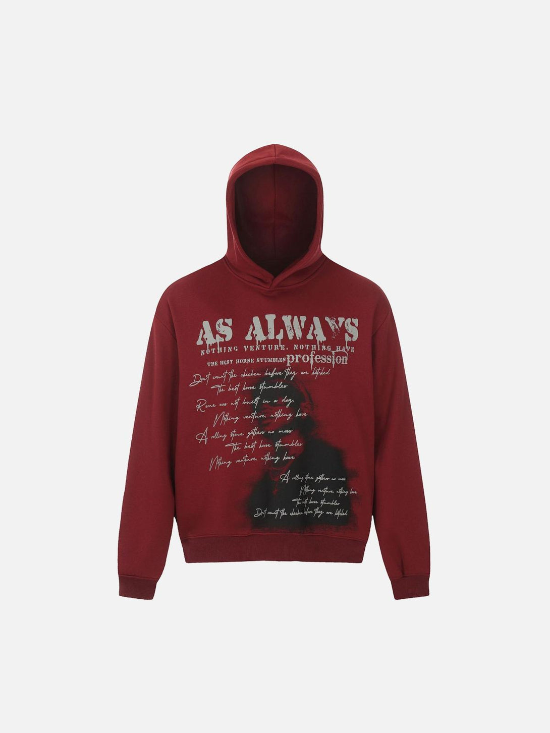 Front view of red print hoodie by TALISHKO, featuring bold text and high street style graphics.