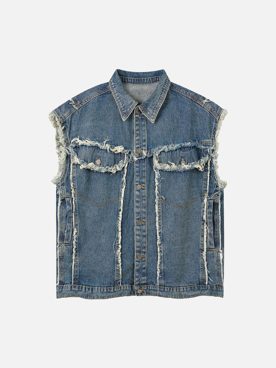 Front view of blue denim vest with raw edges, perfect for summer styling by TALISHKO.