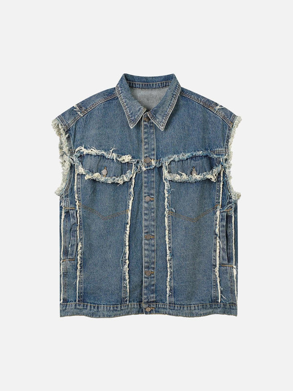 Front view of blue denim vest with raw edges, perfect for summer styling by TALISHKO.