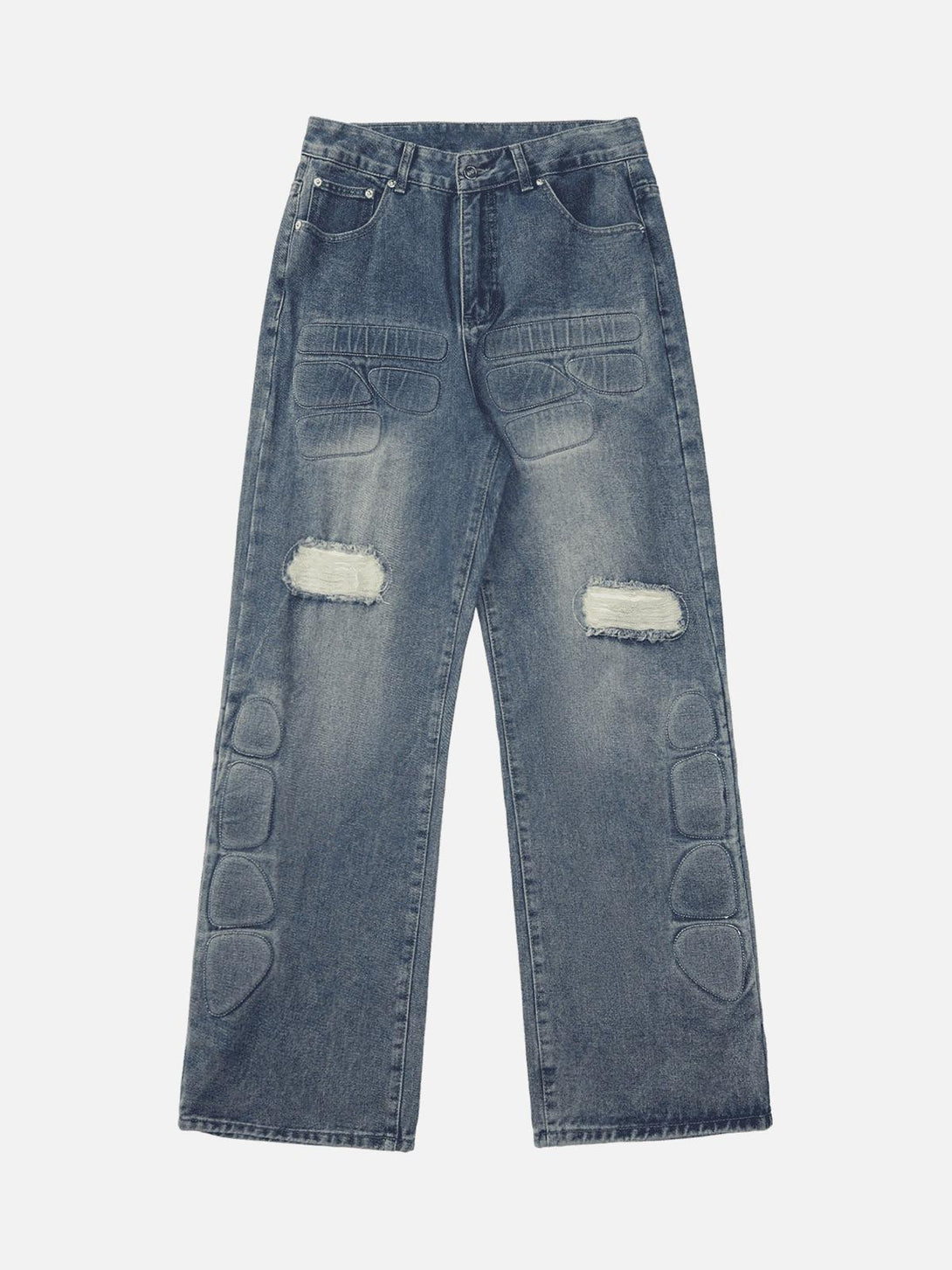 Front view of blue washed ripped jeans by TALISHKO, featuring unique patch details.