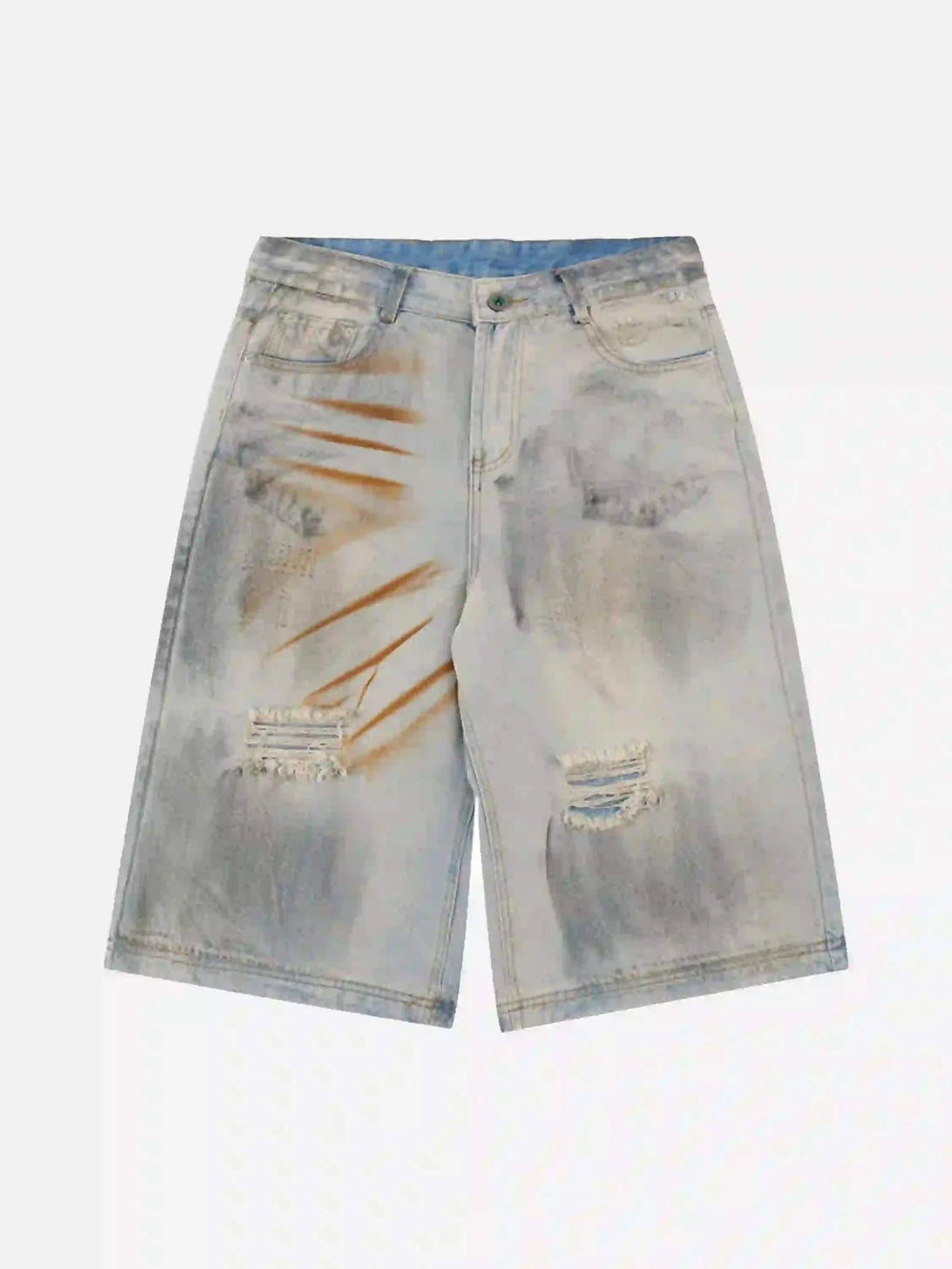 Front view of blue denim shorts with a unique mud-dyed pattern by TALISHKO.