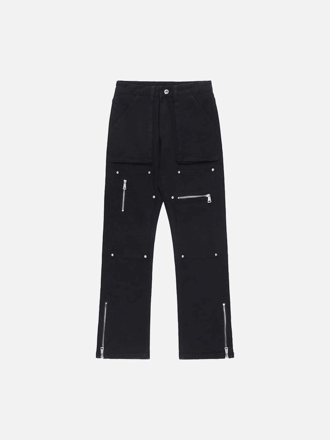 Front view of black straight pants with zipper accents by TALISHKO, perfect for urban style.