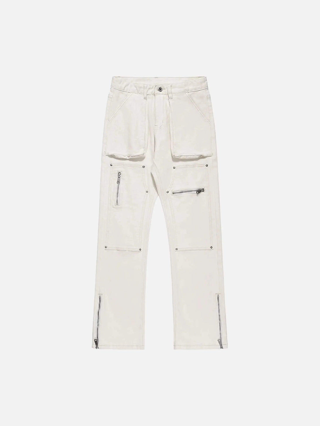 Front view of white straight pants with zipper details by TALISHKO, ideal for urban style.