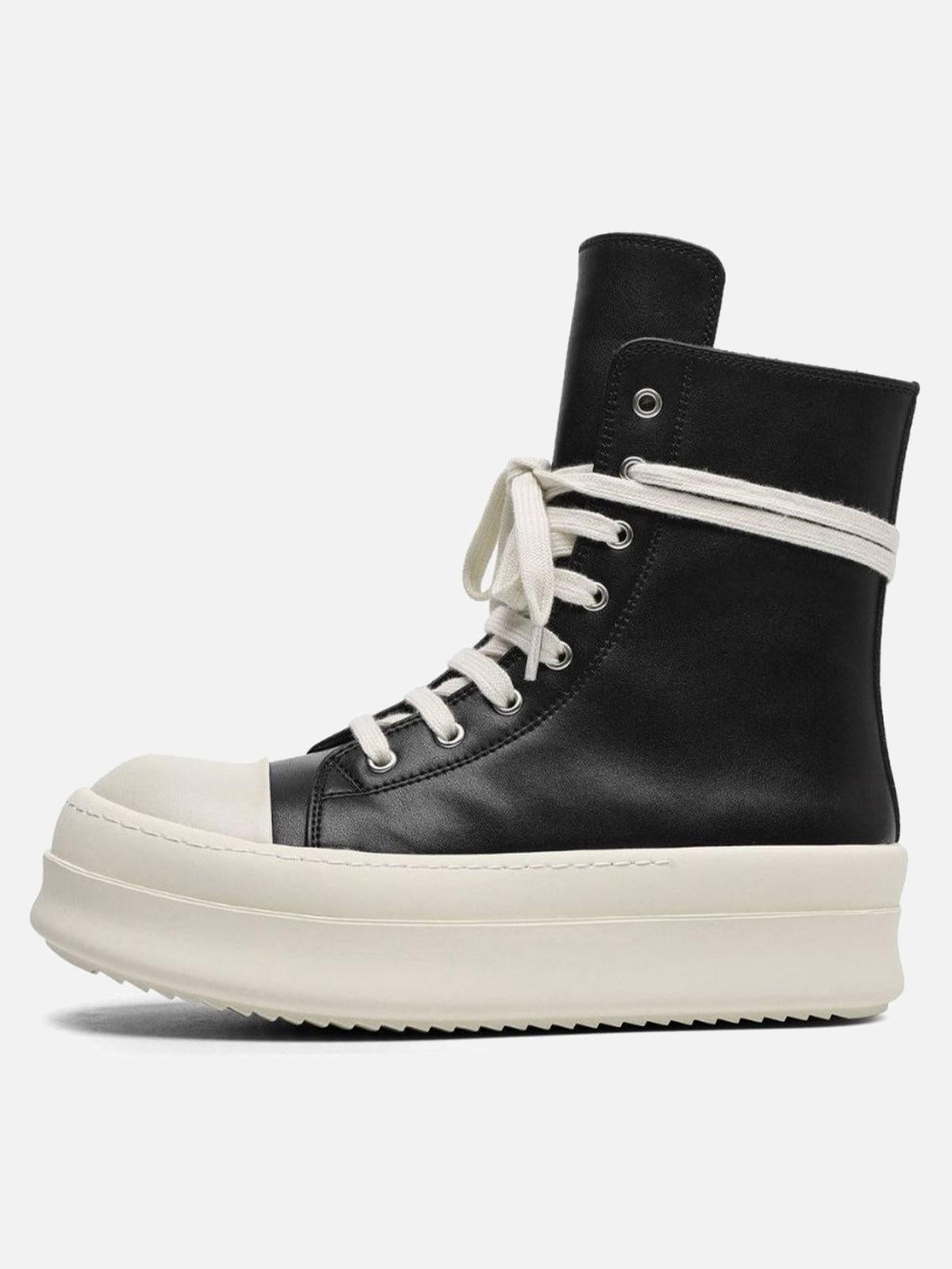 High-top black platform sneakers by TALISHKO, showcasing a side view with white laces.