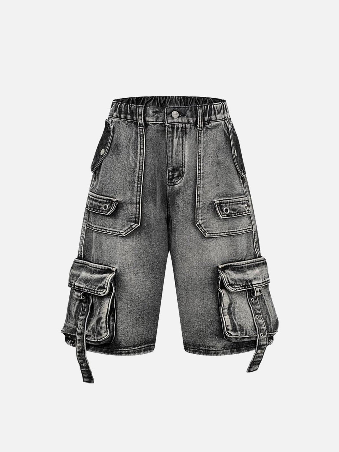 Front view of dark gray high-waisted cargo shorts by TALISHKO, featuring multiple pockets.