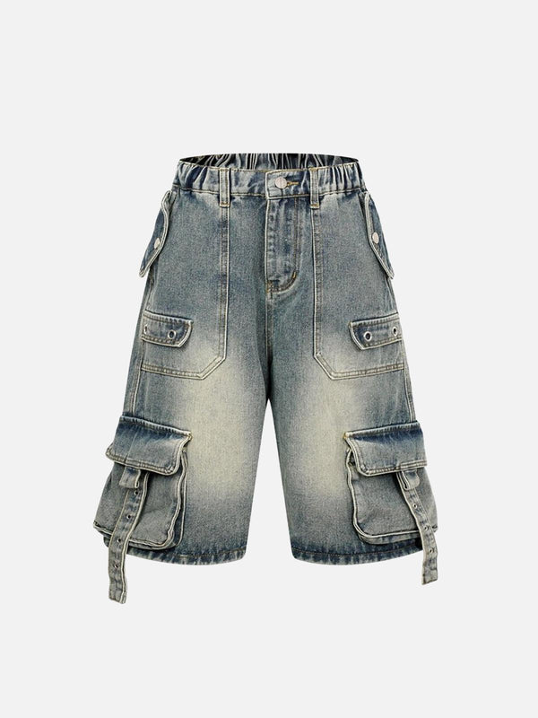 Front view of light blue high-waisted denim cargo shorts by TALISHKO, featuring multiple pockets.