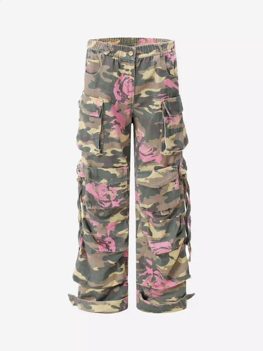Front view of TALISHKO hip-hop cargo pants in camouflage with pink accents and multiple pockets.