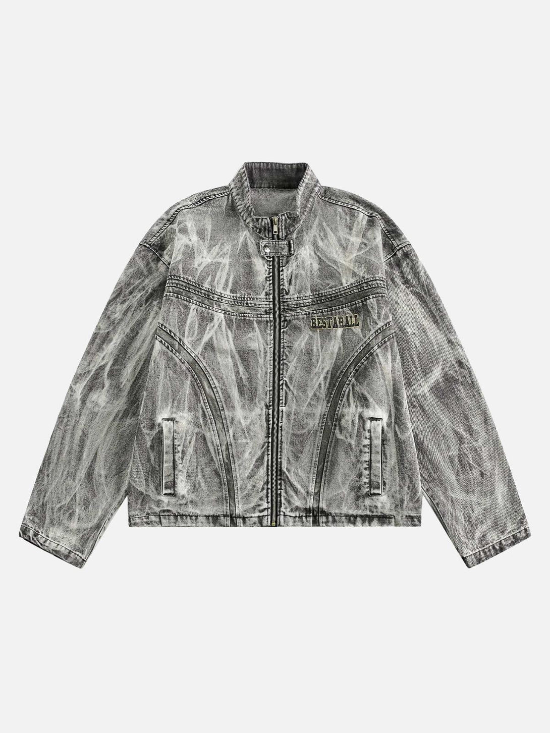 Front view of a gray denim jacket by TALISHKO, featuring a hip-hop inspired distressed wash.