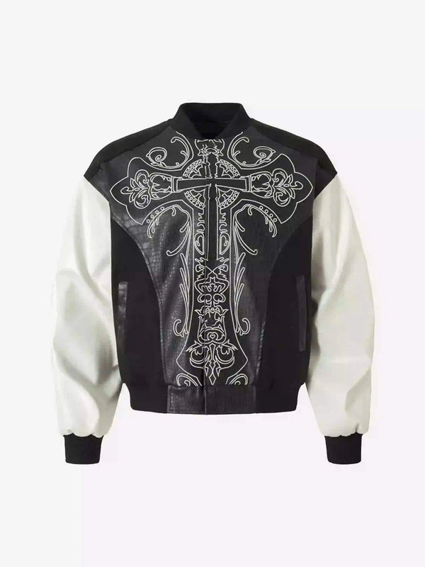 Front view of TALISHKO black baseball jacket with intricate gothic embroidery design.