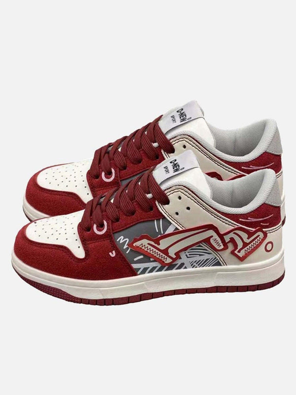 TALISHKO graffiti sneakers in dark red with bold side graphics, perfect for urban street style.