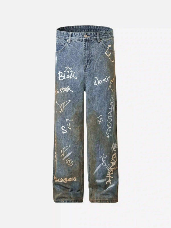 Front view of blue hip-hop graffiti distressed jeans by TALISHKO, featuring unique designs.