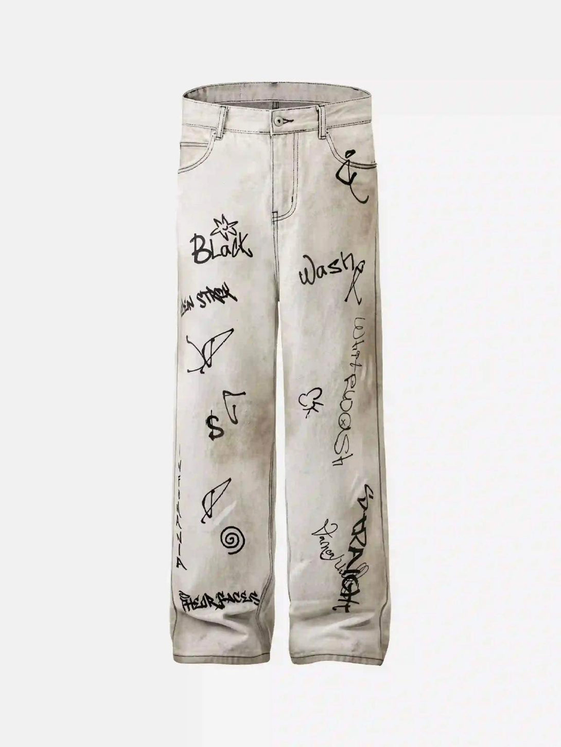 Front view of white graffiti distressed jeans by TALISHKO, featuring bold, artistic designs.