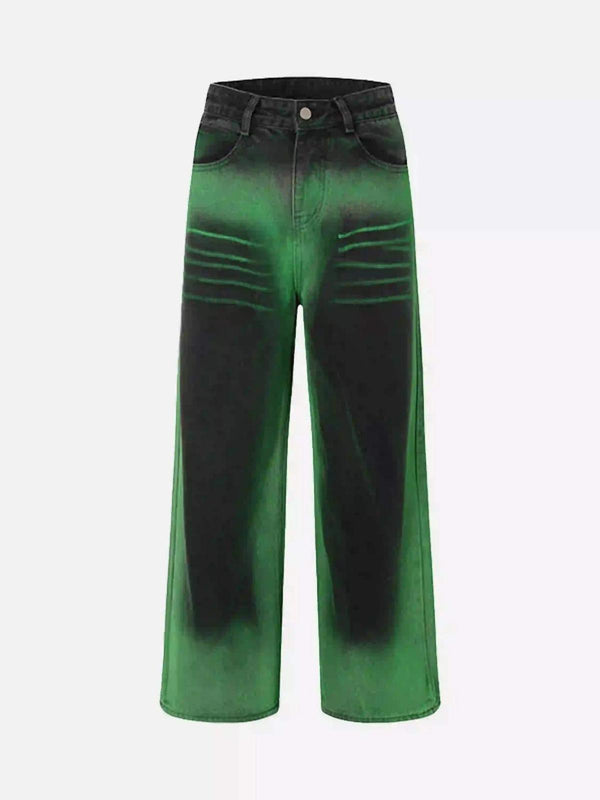 TALISHKO hip-hop jeans featuring a green hand-painted design, front view for a bold street vibe.