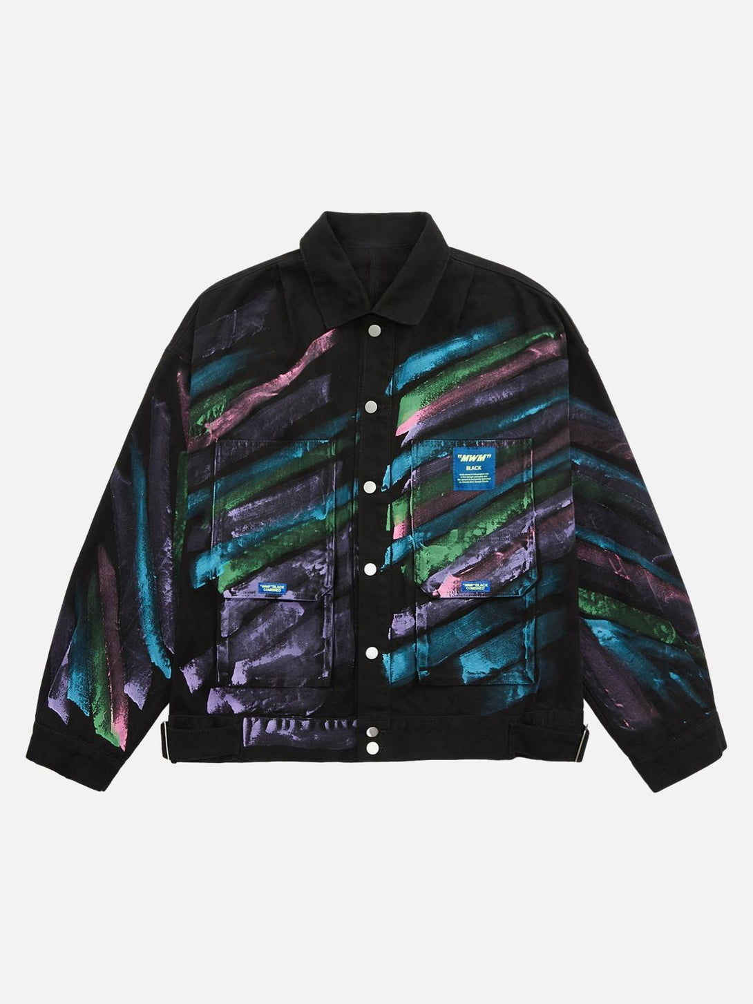 Front view of TALISHKO's hand-painted graffiti denim jacket in black with vibrant patterns.