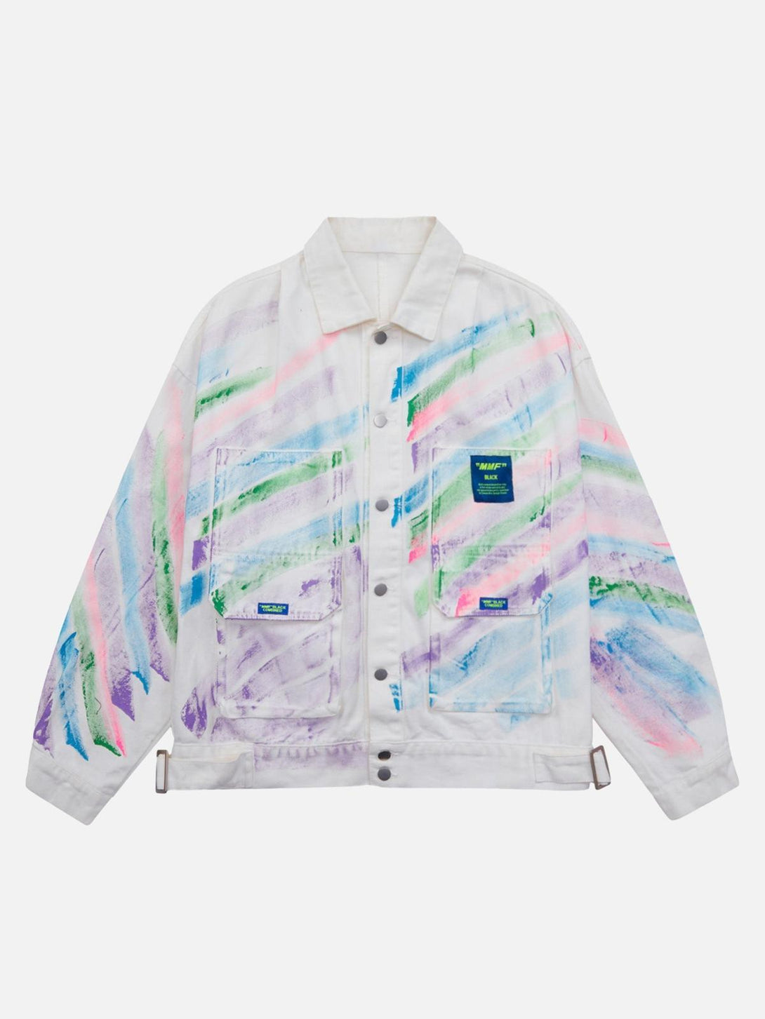 Front view of TALISHKO's hand-painted graffiti denim jacket with vibrant pastel brushstrokes.