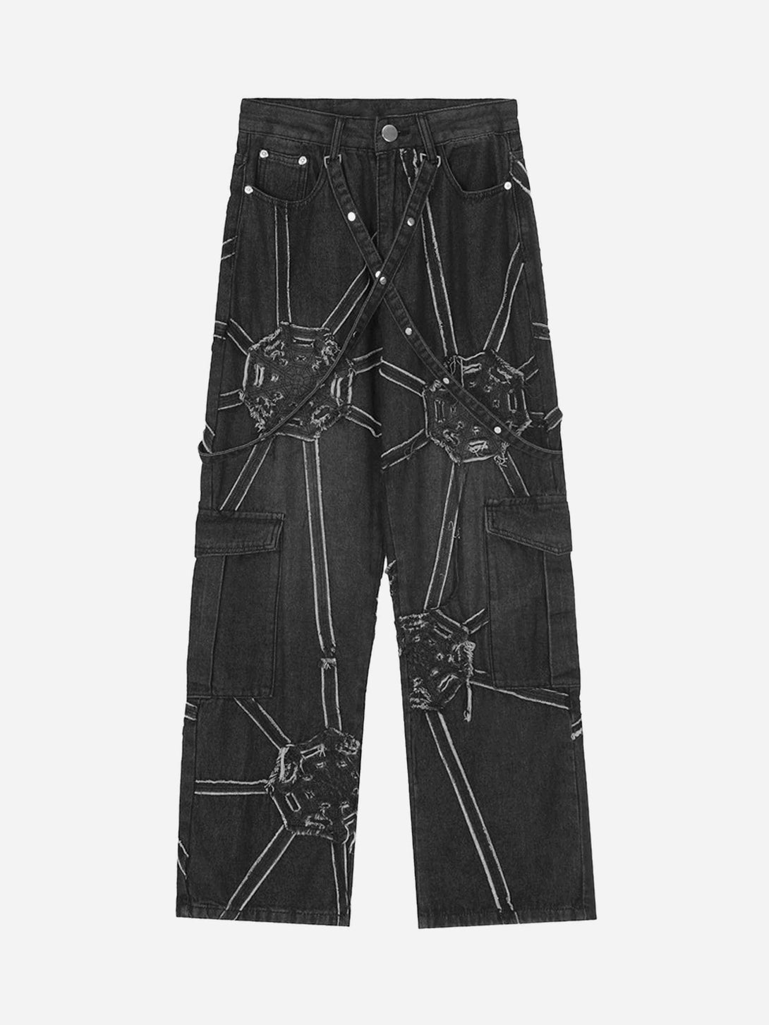 Front view of black hip-hop jeans with spider web design by TALISHKO, highlighting unique street style.