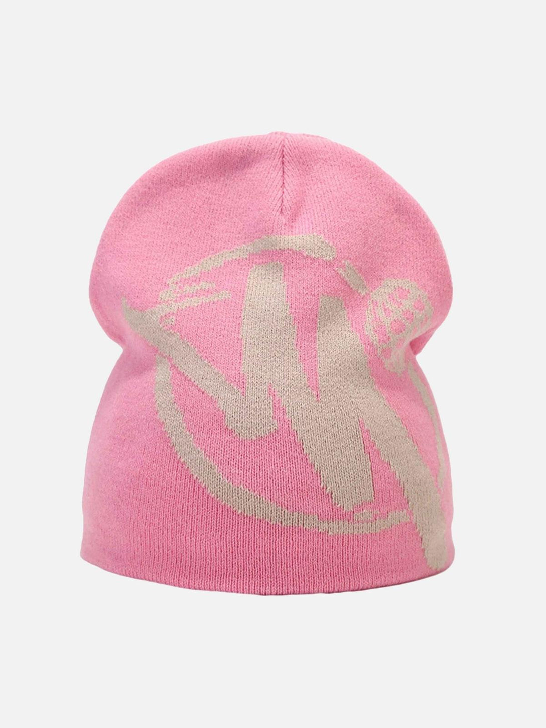Front view of a pink hip hop knit hat by TALISHKO, featuring a bold beige graphic design.