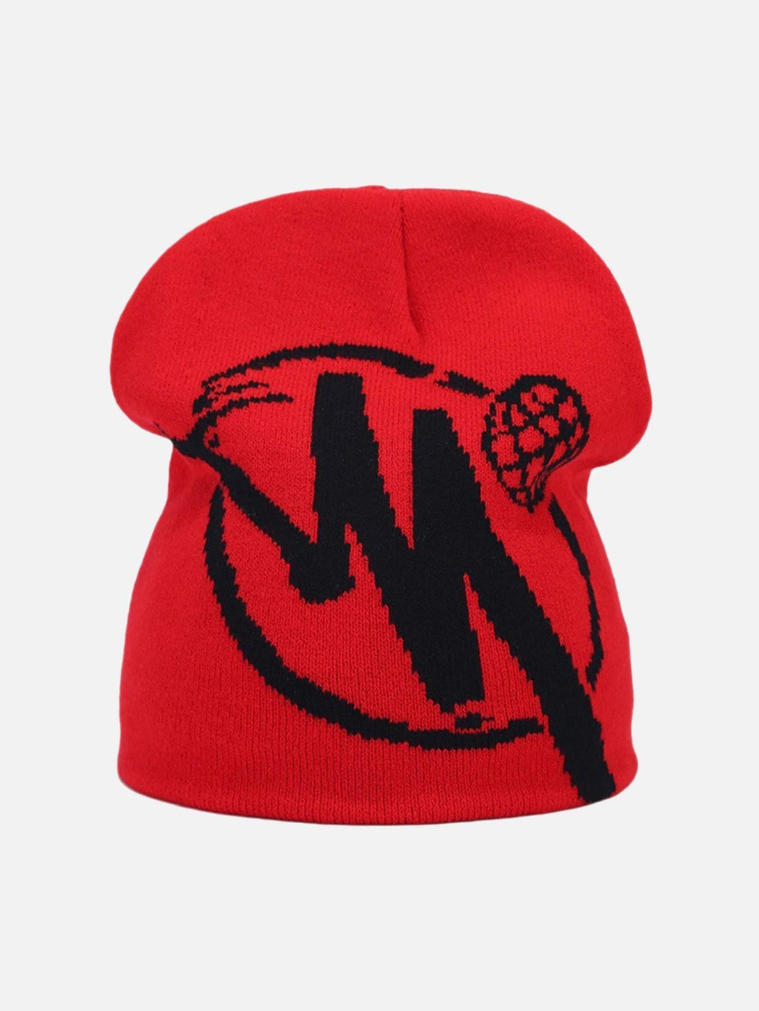 Front view of a red hip hop knit hat by TALISHKO, featuring a bold black graphic design.
