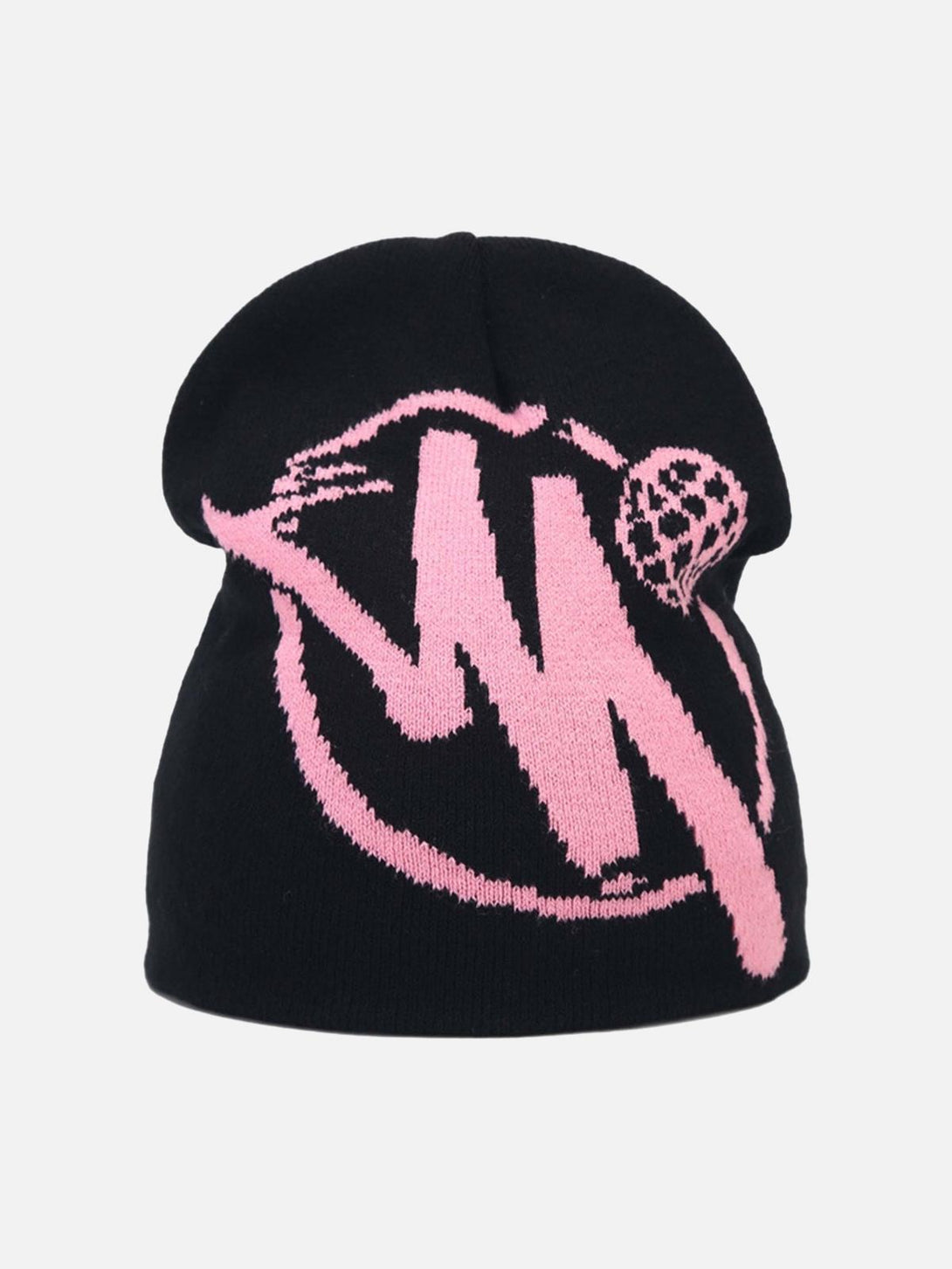 Front view of a black knit hat with a pink graphic by TALISHKO, adding a trendy touch.