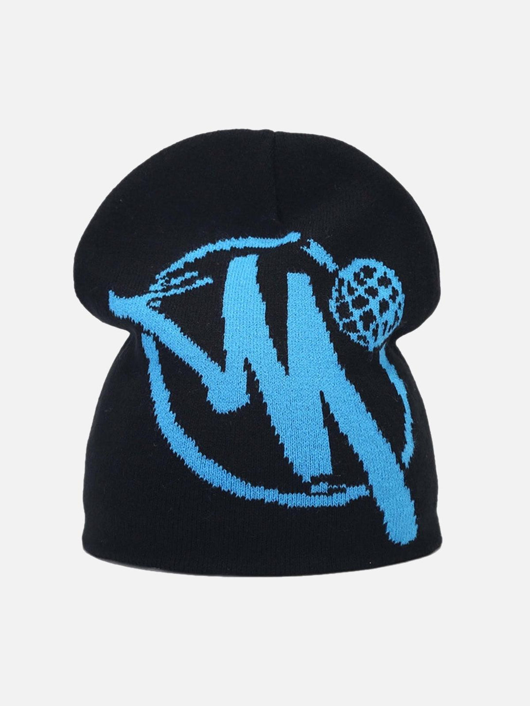 Front view of a black hip hop knit hat by TALISHKO, featuring a bold light sky blue graphic.