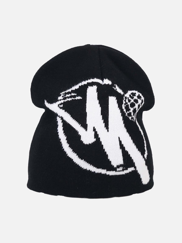 Front view of a black and white hip hop knit hat by TALISHKO, showcasing bold design elements.