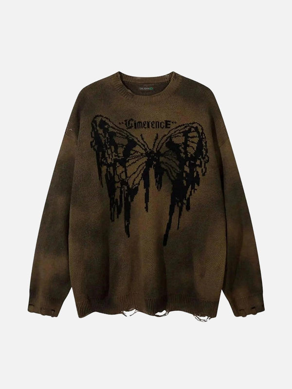 Brown butterfly jacquard sweater with a relaxed fit by TALISHKO, featuring a distressed hem.