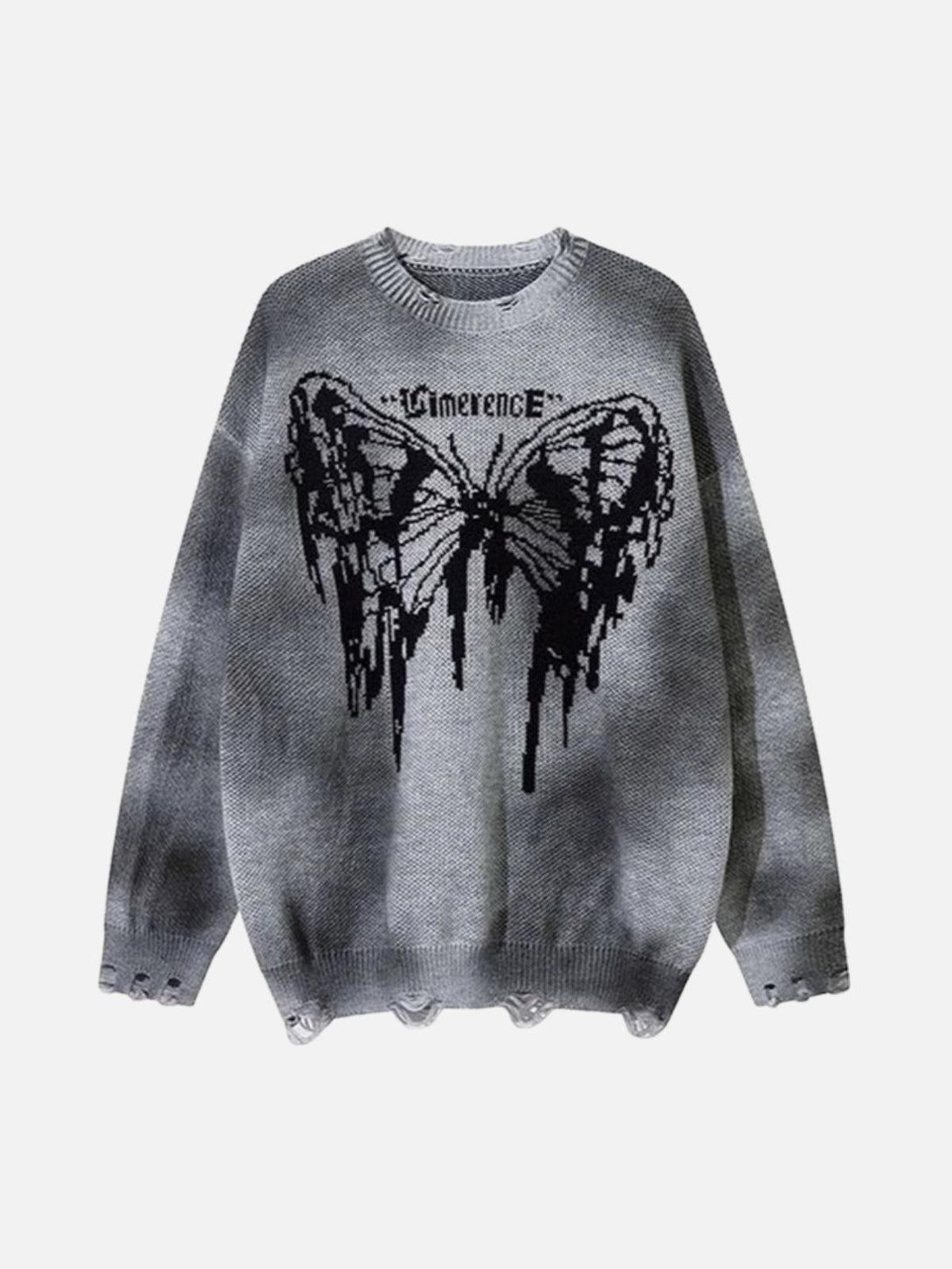 Front view of a gray butterfly jacquard sweater by TALISHKO, featuring a relaxed, edgy style.