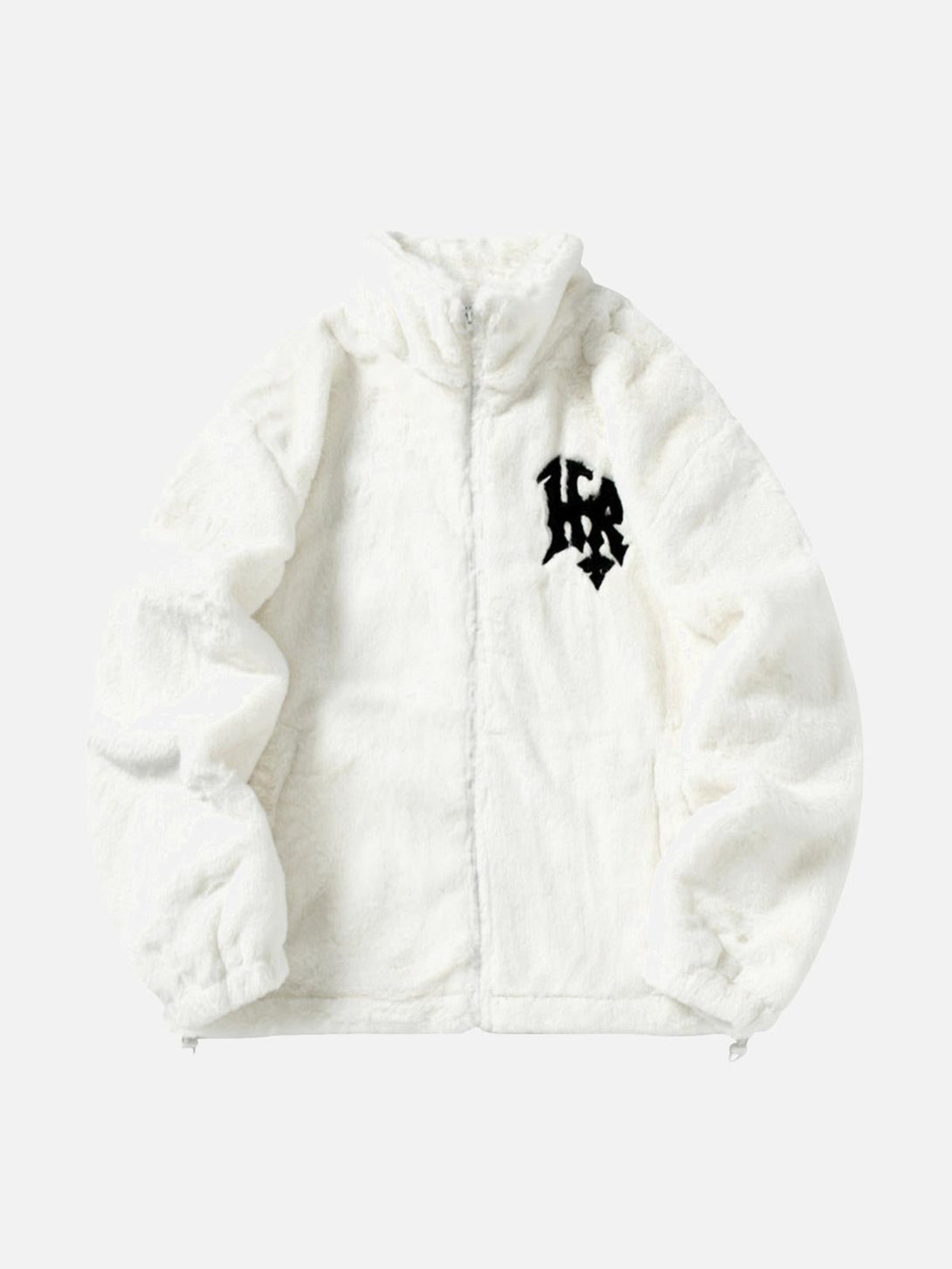 Front view of a white fur jacket by TALISHKO, featuring bold lettering and a stand collar.