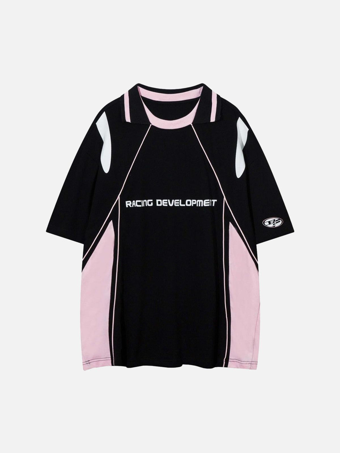 Front view of a black hip-hop loose sports casual T-shirt by TALISHKO with pink accents.