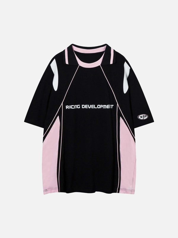 Front view of a black hip-hop loose sports casual T-shirt by TALISHKO with pink accents.