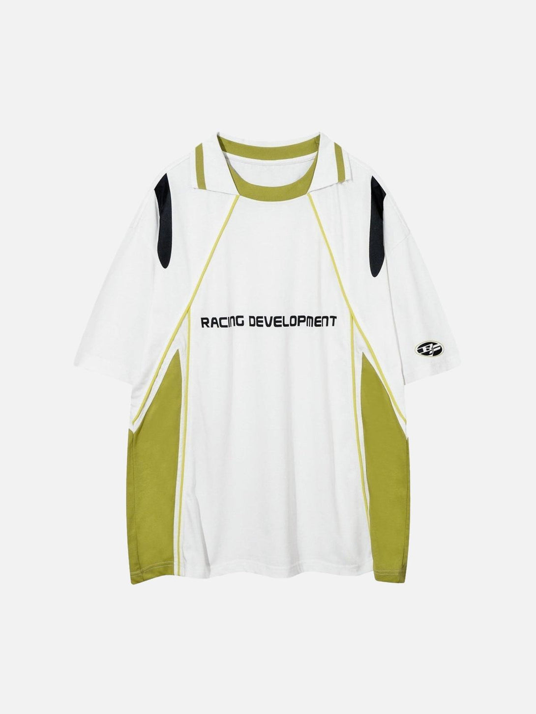 Front view of a white hip-hop loose sports casual T-shirt by TALISHKO with racing design.