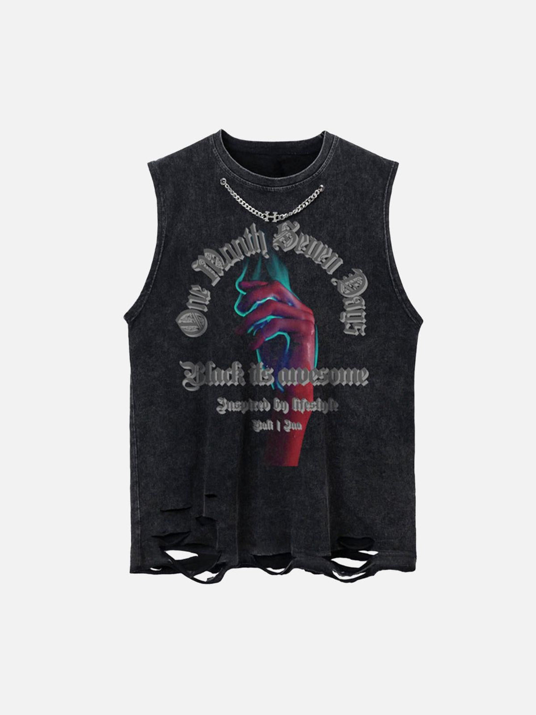 Front view of a black hip-hop loose washed undershirt by TALISHKO, featuring bold graphics.