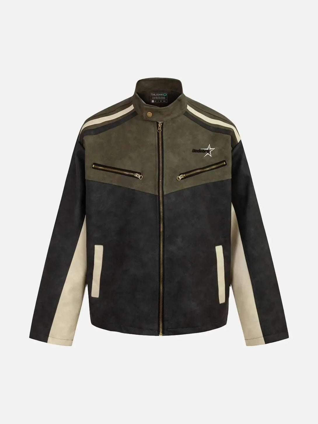 Front view of a green hip-hop motorcycle trend jacket by TALISHKO, featuring bold stripes.