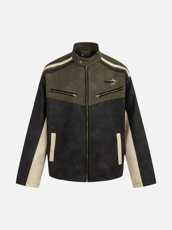 Front view of a green hip-hop motorcycle trend jacket by TALISHKO, featuring bold stripes.