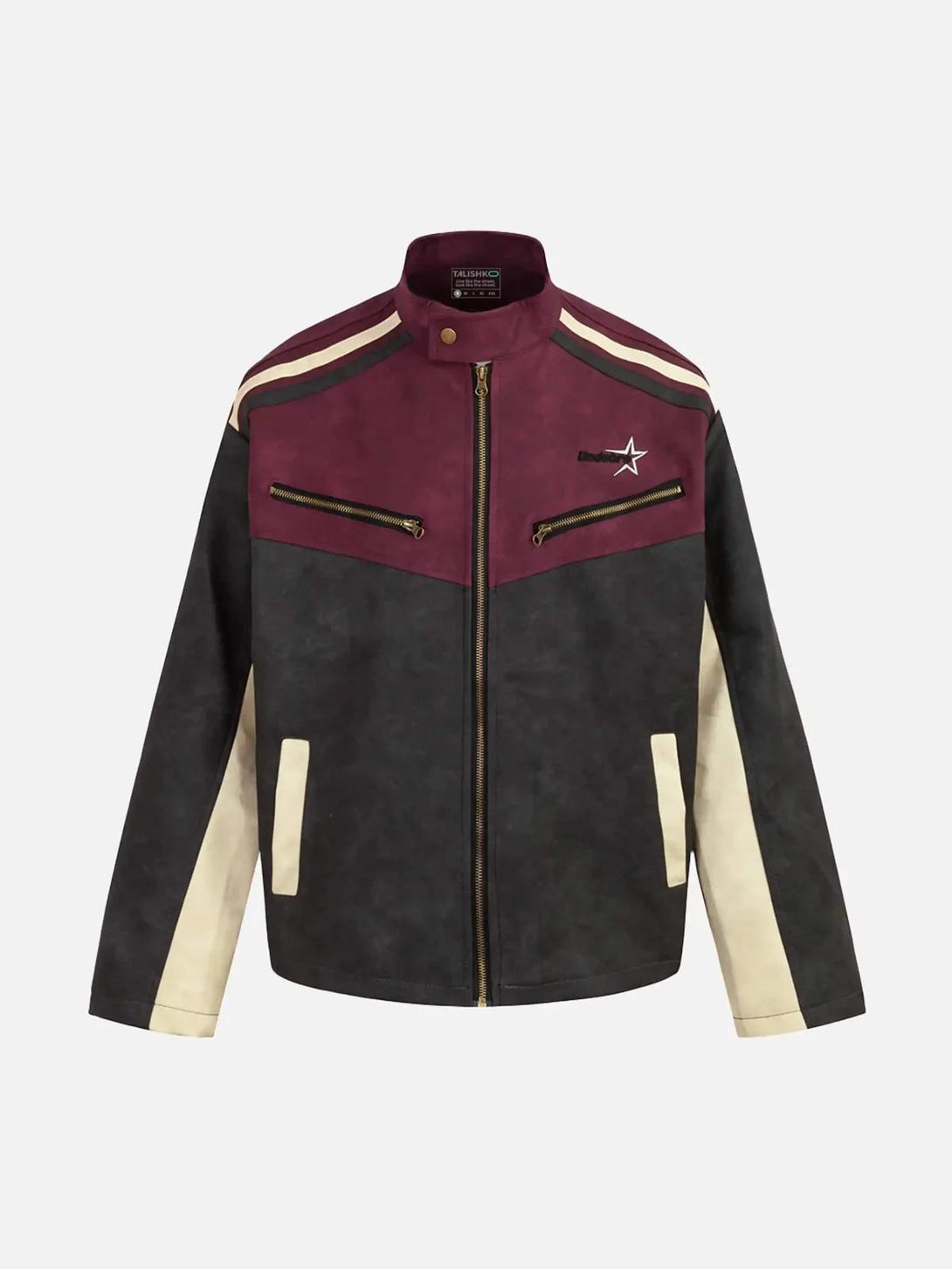 Front view of a red hip-hop motorcycle trend jacket by TALISHKO, featuring bold design elements.