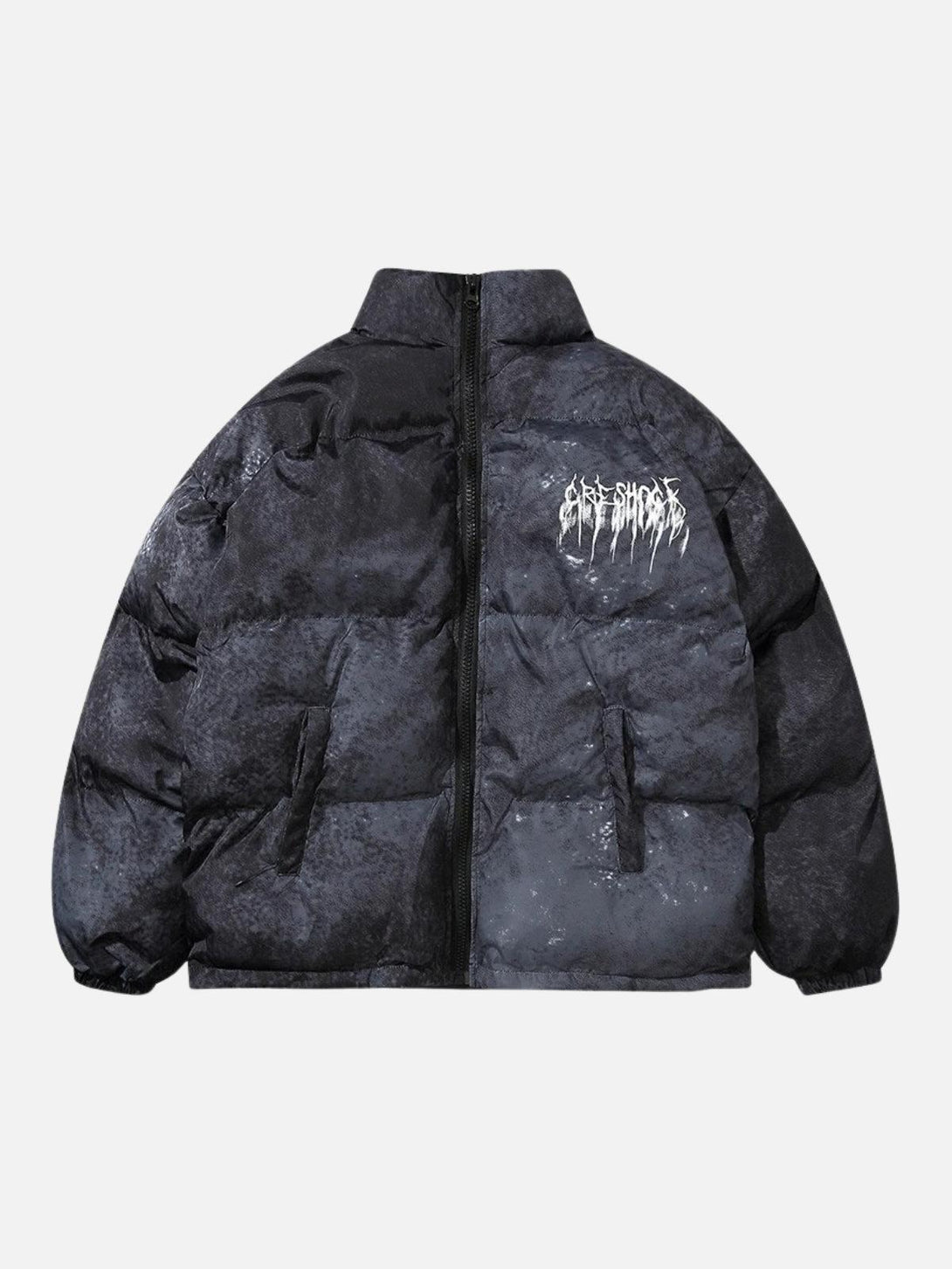 Front view of TALISHKO's black oversized padded jacket, featuring a bold, edgy street style.