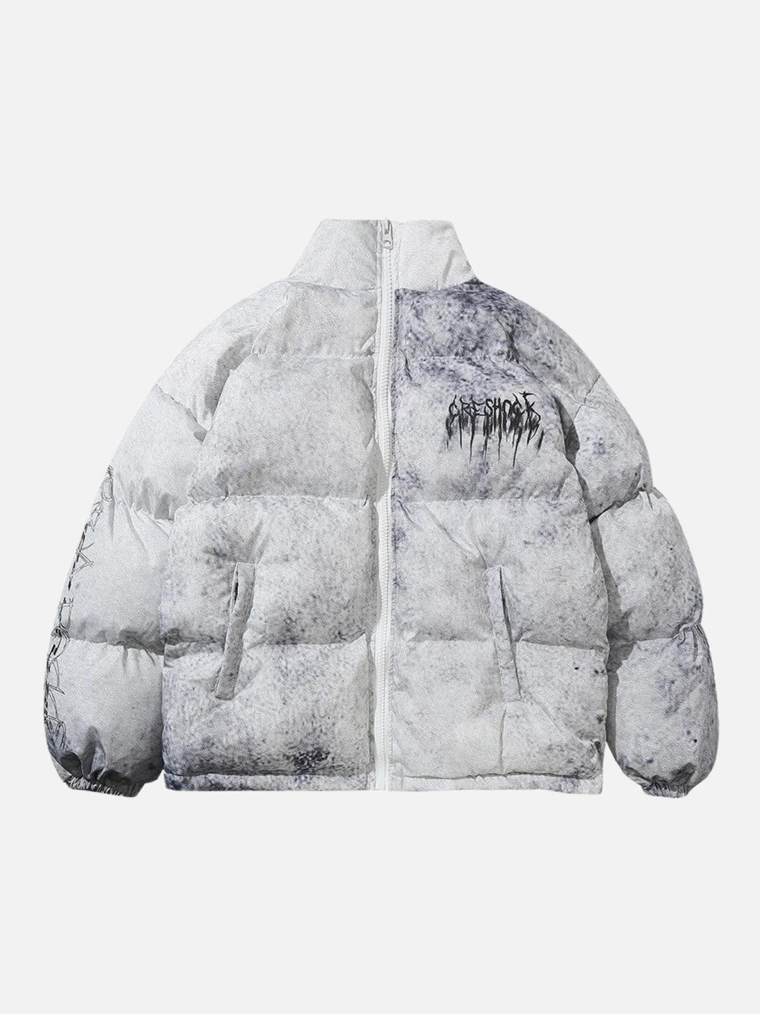 TALISHKO hip hop oversized padded jacket in white, showcasing a front view with street-style flair.