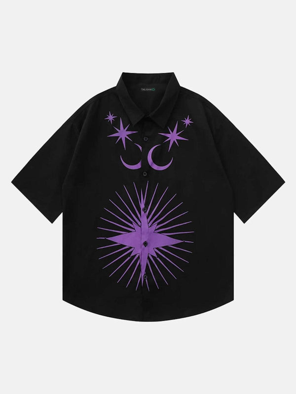 Front view of a black hip-hop printed shirt with purple star and crescent designs by TALISHKO.