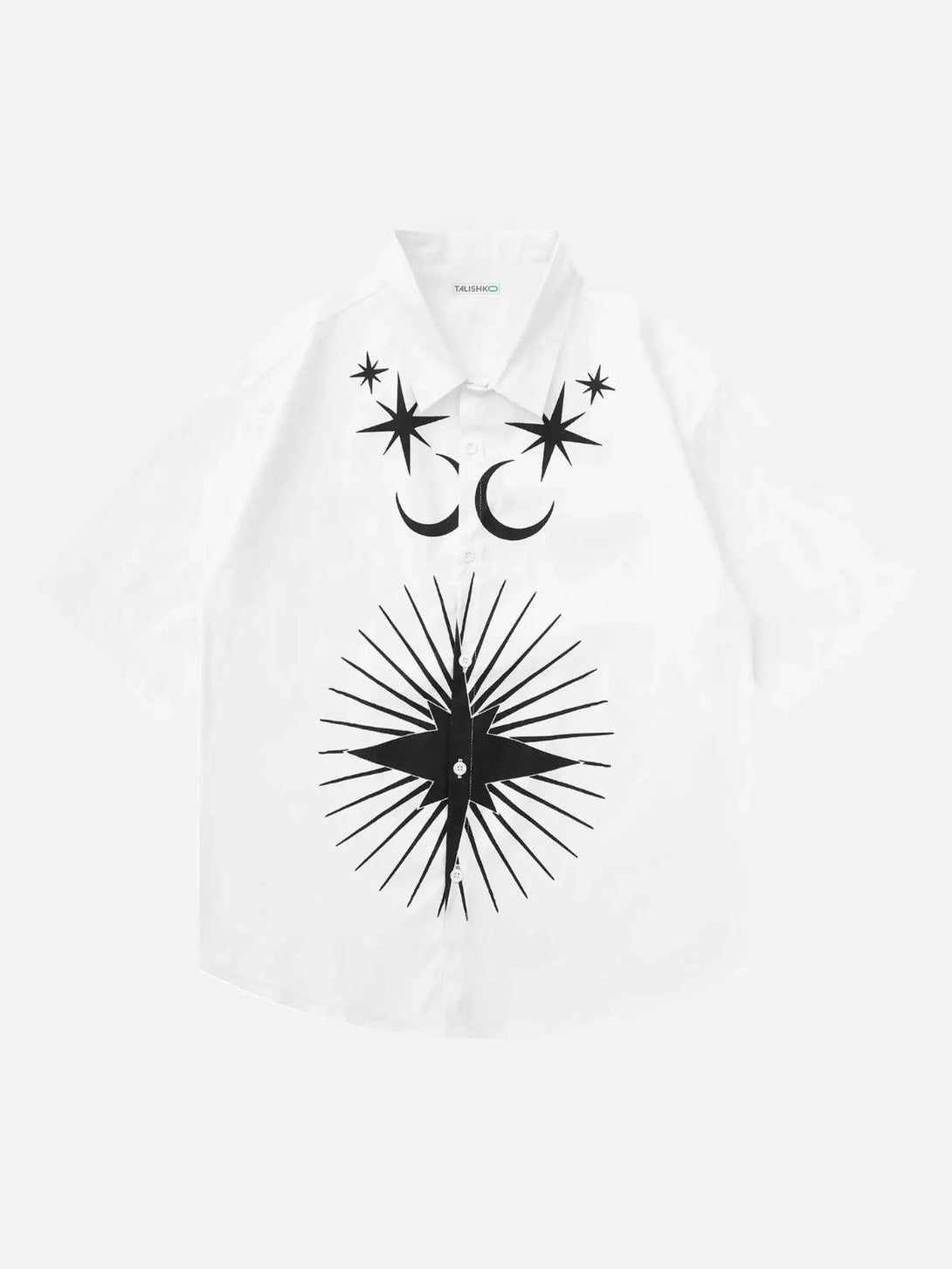Front view of a white hip-hop shirt with black star and crescent designs by TALISHKO.
