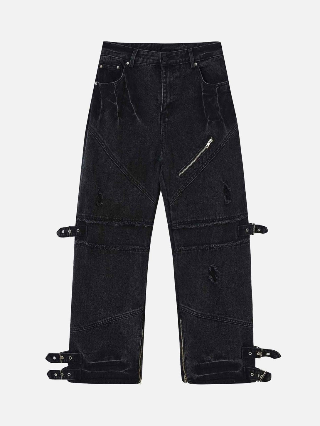 Front view of black hip-hop retro wash denim straight-leg pants by TALISHKO with unique buckle details.