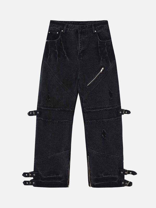 Front view of black hip-hop retro wash denim straight-leg pants by TALISHKO with unique buckle details.